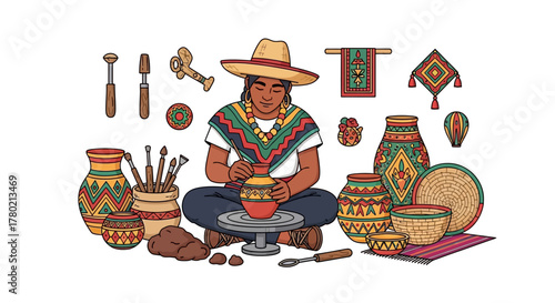Potter creating ceramic pot on wheel surrounded by various handcrafted pottery pieces and tools, wearing traditional hat and clothing