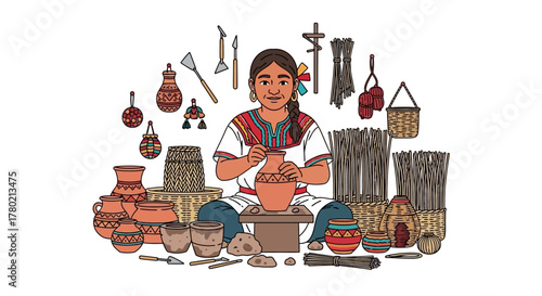 Indigenous woman shaping clay pot on stool with various handcrafted pottery and woven items displayed around her, showcasing traditional artistry