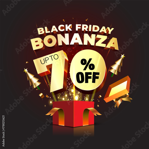 Black Friday Bonanza 70% Off, Sale, Amazing, Offers, Deals, and Discounts pop up from open gift box on black background.