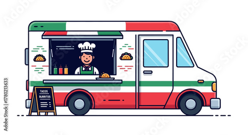 Colorful food truck serving tacos, with chef in uniform visible through the service window