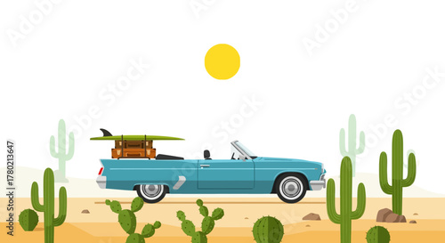 Vintage blue convertible car loaded with luggage and surfboard drives through desert landscape with cacti and bright yellow sun