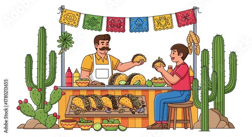 Man with mustache sells tacos from street stand decorated with papel picado, surrounded by cacti, to customer sitting on stool