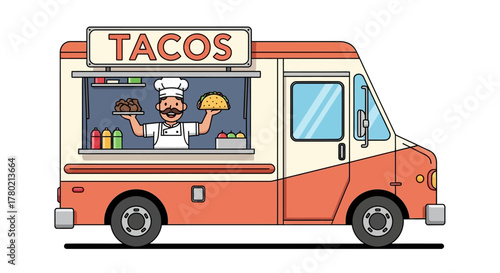 Chef in hat and apron stands inside food truck, holding taco and plate food, with bottles condiments visible