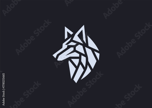 A geometric wolf logo with sharp angular lines and symmetry, representing loyalty and leadership, crafted in a modern minimalist vector design style