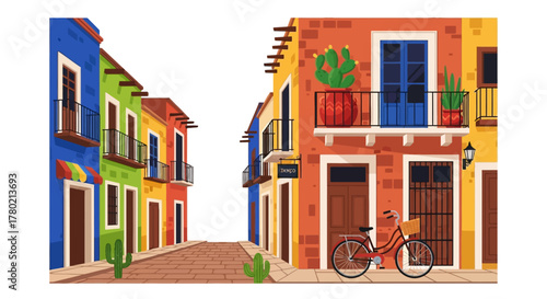 Colorful colonial buildings lining cobblestone street in mexican town, with bicycle parked outside vibrant orange building adorned with potted plants and balconies