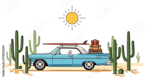 Vintage blue convertible car loaded with luggage and surfboard on the roof, driving through desert landscape with saguaro cactus and bright sun overhead
