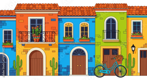 Row colorful mexicanstyle buildings with arched doorways, balconies, potted plants, and cacti, bicycle parked outside, vibrant and cheerful street scene