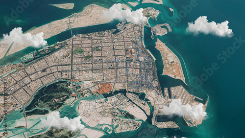 Photography Abu Dhabi, UAE 3D Satellite Map with Clouds Over City and Islands