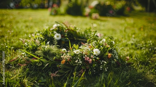 Fototapeta Naklejka Na Ścianę i Meble -  Floral wreath lying in green grass ground level view nature celebration event decoration spring summer