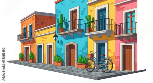Colorful mexican buildings with bicycle parked outside, showcasing vibrant architecture and charming street scene