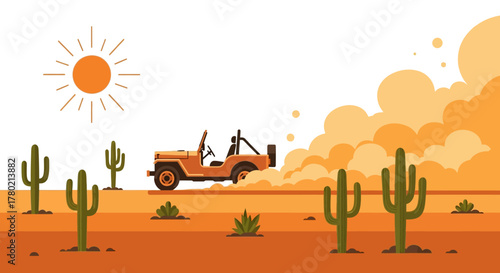 Vintage orange jeep driving through desert landscape with cacti and bright sun, kicking up dust cloud in stylized flat