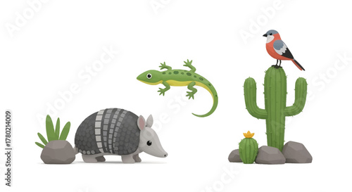 Collection stylized desert animals and plants, including an armadillo, lizard, bird, and cacti, presented in playful, cartoonish style on