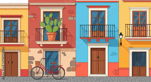 Colorful mexicanstyle buildings with vibrant facades, balconies, doors, and windows, featuring bicycle parked in front red building with potted cactus