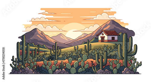 Desert landscape at sunset with mountains, cacti, and small house, evoking serene and picturesque scene the american southwest