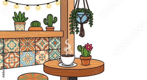 Cozy cafe interior with steaming cup coffee on wooden table, surrounded by potted plants and decorative tiles