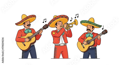 Three mariachi musicians playing guitar and trumpet