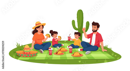 Happy family four, including parents and two children, enjoying picnic outdoors with tacos, drinks, and sombrero, with tall cactus in the, representing joyful mexican family gathering