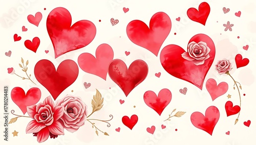 Watercolor illustration featuring numerous red and pink hearts with delicate floral accents, symbolizing love and romance.