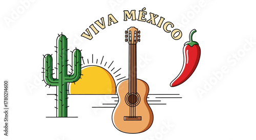 Viva mexico with cactus, guitar, chili pepper, and sun, representing mexican culture and celebration