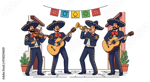 Mariachi band with four musicians playing violin, guitar, and trumpet, dressed in traditional charro suits and sombreros, performing festive mexican music