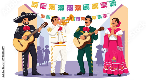 Mariachi band performing traditional mexican music with trumpets and guitars, dressed in colorful charro suits, celebrating festive event with papel picado banners
