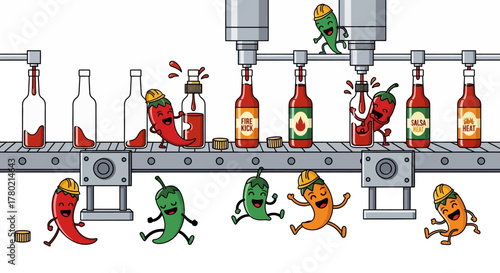 Cartoon chili peppers working on bottling assembly line, filling bottles with hot sauce and salsa