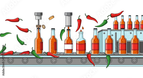 Animated chili peppers in factory setting, actively participating in the bottling process hot sauce and salsa on conveyor belt