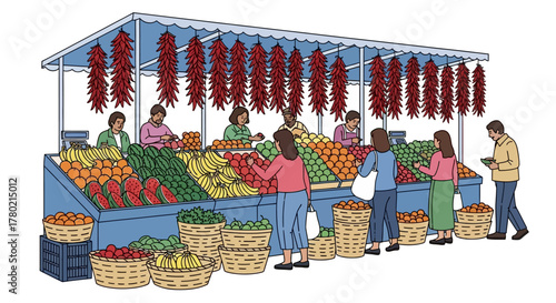 Vibrant outdoor market stall overflowing with fresh fruits and vegetables, with vendors serving customers under canopy adorned with red chili peppers