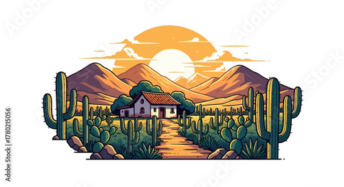 Desert landscape with small house, cacti, mountains, and setting sun, evoking sense solitude and natural beauty