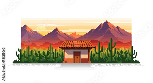 Adobe stock metadata for desert landscape with small house, cacti, and mountains in the, sunset lighting