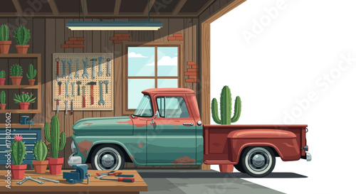 Vintage pickup truck in garage with tools and plants, rustic and retro style, detailed