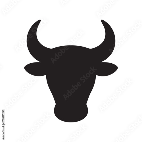 Simple black silhouette of a bull s head with prominent horns displayed