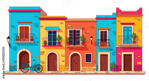 Vibrant colorful mexican houses with balconies and potted plants, bicycle parked outside