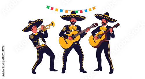 Mariachi band playing music with guitars and trumpet, wearing traditional mexican charro suits and sombreros