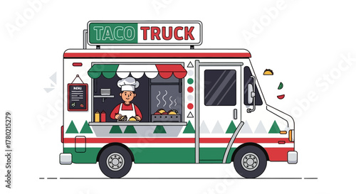 Colorful cartoon taco truck with chef preparing food