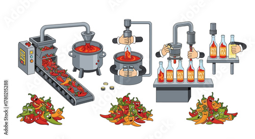 Industrial chili pepper processing plant, showing conveyor belts, cooking pots, and bottling machines