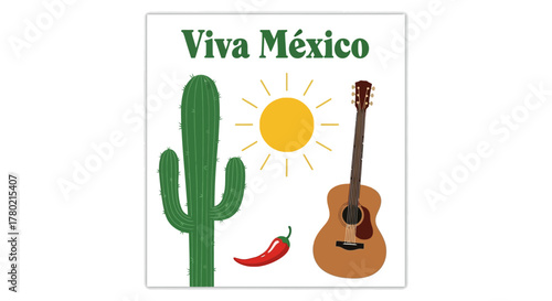 Simple representing mexico with cactus, sun, chili pepper, and guitar, along with the text viva mxico, evoking national pride and iconic symbols