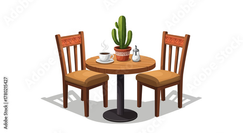 Cozy outdoor cafe setting with round wooden table, two chairs, steaming cup coffee, and potted cactus