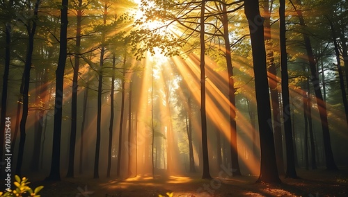 Sunlight streams through a dense forest, illuminating the trees and creating a warm, golden atmosphere.