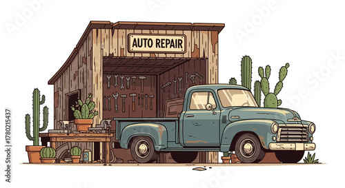 Vintage blue pickup truck parked outside rustic wooden auto repair shop in desert landscape with cacti