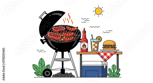 Barbecue grill with steaks and sausages cooking, with burger, drink, and cooler on table, under the sun