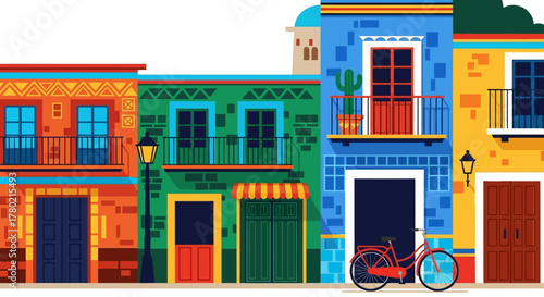 Colorful mexican street scene with vibrant buildings, balconies, windows, doors, and bicycle parked outside