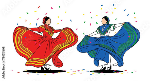 Two women in traditional colorful dresses, one red and one blue, dancing joyfully with wide skirts, surrounded by falling confetti, celebrating festive cultural event