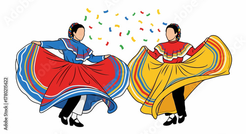 Two women in colorful traditional mexican dresses dancing with their skirts spread out, confetti falling from above
