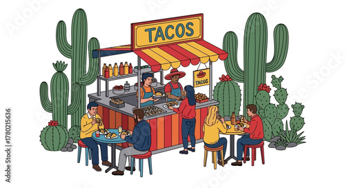 Vibrant busy taco stand with people enjoying food amidst tall saguaro cacti, depicting lively outdoor dining experience