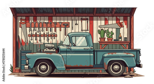 Vintage teal pickup truck parked in rustic wooden shed filled with various tools, showcasing classic automobile and workshop setting
