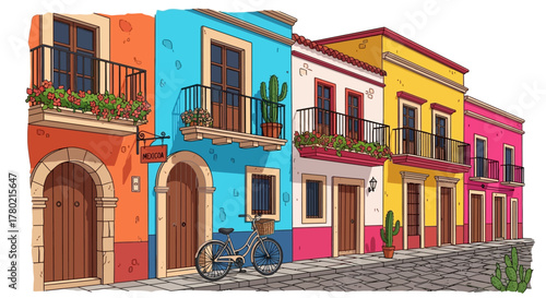 Colorful colonial buildings with balconies and wooden doors, bicycle parked on the cobblestone street, and potted plants, evoking vibrant mexican town atmosphere