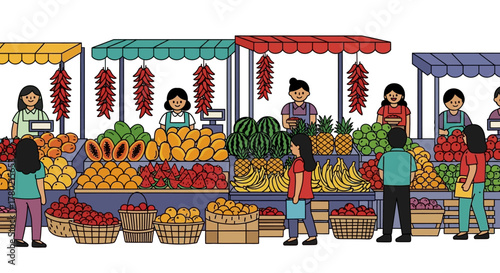 Bustling outdoor market scene with vendors selling variety fresh fruits, vegetables, and dried chili peppers from colorful stalls, with shoppers browsing