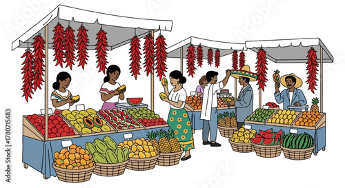 Vibrant outdoor market scene with vendors selling colorful assortment fresh fruits and vegetables, including chilies, tomatoes, corn, and pineapples, with customers browsing the stalls