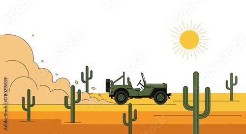Green military jeep driving through desert with dust clouds, cacti, and bright sun in the